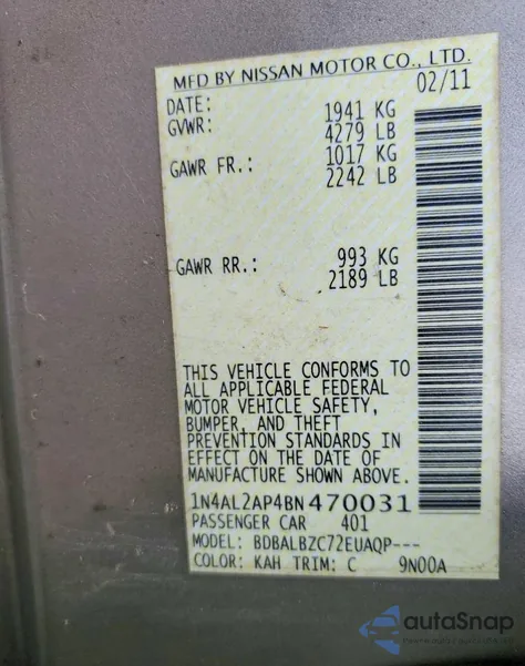 2011 Nissan Altima Base from USA, damaged, VIN 1N4AL2AP4BN470031